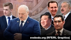Мікалай і Аляксандар Лукашэнкі, Кім Чэн Ын, Башар Асад, Сердар Бердымухамэдаў, Ільхам Аліеў. Каляж
