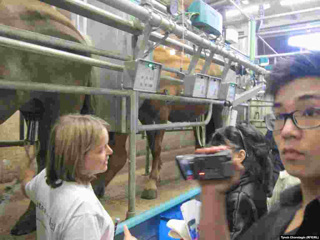 Доярка показывает гостям как оперировать доильной установкой.