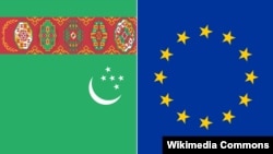 Türkmenistanyň hem-de Ýewropa Bileleşiginiň baýdaklary.