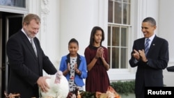 Прэзыдэнт ЗША Барак Абама з дочкамі падчас традыцыйнай цырымоніі «памілаваньня індычкі» ў Дзень падзякі 2001 году