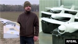 Олексій Словеснов, координатор польотної групи в «Армії SOS» (ліворуч) та безпілотник «Фурія» (праворуч)