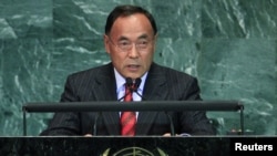 Канат Саудабаев выступает на сессии Генеральной ассамблеи ООН. Нью-Йорк, 22 сентября 2010 г.  