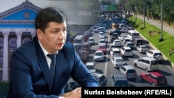 Бишкектин мэри Айбек Жунушалиев, шаар мэриясы жана жолдордогу тыгын. Коллаж  
