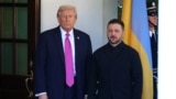 US President Donald Trump welcomes Ukrainian President Volodymyr Zelensky as he arrives for a meeting at the White House in Washington, DC, on October 17, 2025.
