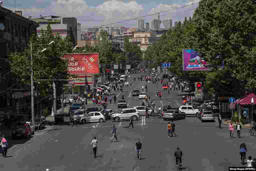 Protesters used cars to block roads throughout the Armenian capital.