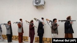 افغانستان – در مارچ ۲۰۱۲، شورشیان سابق طالبان در حال تسلیم کردن سلاح‌های خود به حکومت پیشین