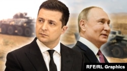 Оруссиянын президенти Владимир Путин (оңдо) жана Украинанын президенти Владимир Зеленский. Коллаж. 