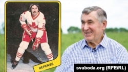 Джон Мішук на лёдзе ў НХЛ і падчас прыезду Налібакі, каляж