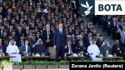 Presidenti serb, Aleksandar Vuçiq, gjatë paradës ushtarake në Serbi më 20 shtator 2025. 