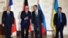 Справа наліво: голови МЗС України (Павло Клімкін), Росії (Сергій Лавров), Німеччини (Франк-Вальтер Штайнмаєр) та Франції (Жан-Марк Айро). Переговори в Мінську, листопад 2016 року