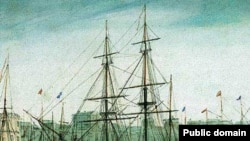 Бриг «Бигль» (в центре), на котором совершил свое знаменитое путешествие Чарльз Дарвин. Акварель Оуэна Стэнли (Owen Stanley), 1841 год