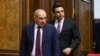 Armenia - Prime Minister Nikol Pashinian and speaker Alen Simonian arrive for the Armenian government's question-and-answer session in parliament, October 22, 2025.