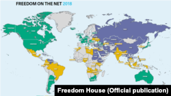 "Freedom House" уюмунун графикалык отчету. Жашыл түс - "эркин", сары - "жарым жартылай", сыя түс - "эркин эмес" өлкөлөр. 
