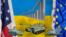 Illustrative image of military vehicles with U.S., Ukrainian, and EU flags in the background.