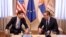 U.S. Assistant Secretary of State for European Affairs Wess Mitchell (left) and Serbian President Aleksandar Vucic in Belgrade on March 14. 