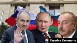 Коллаж Никол Пашинян, Владимир Путин, Ильхам Алиев
