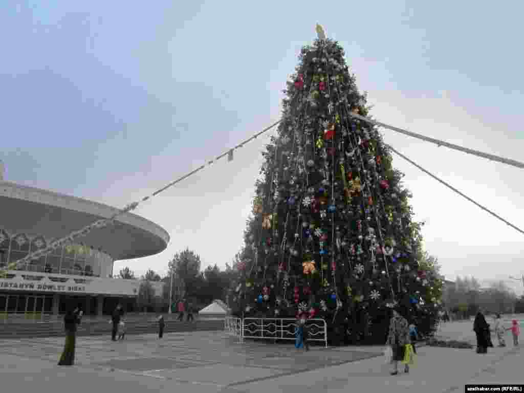 Türkmenistanyň döwlet sirkiniň öňünde dikilen täze ýyl arçasy