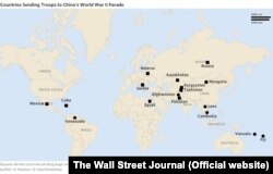 Країни, які надсилають до Пекіна на парад контингенти чисельністю більше 75 вояків позначені квадратом, а нечисельні підрозділи – колом. Джерело: The Wall Street Journal