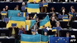 Европарламенттин депутаттары жыйында Украинанын желегин көтөрүп добуш беришүүдө. Страсбург, 12-декабрь, 2013