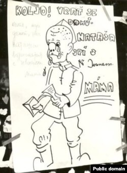 Эненин каты: "Коля, үйгө кайтчы. Наташа Иван менен жүрөт. Апаң". (Советтик жоокерлерди үйүнө кайтууга чакырган чех карикатура-плакаты). 1968-жыл.