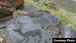 Таш бетиндеги байыркы сүрөт. Археолог Кубатбек Табалдиевдин сүрөтү.