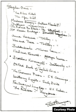 Список обязательной к прочтению литературы, составленный Хемингуэем в 1934 году для начинающего писателя Арнольда Самуэльсона. В списке значатся "Анна Каренина", "Война и мир" и "Братья Карамазовы"