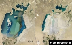 Aral deňziniň satellitden düşürilen suraty; 1984-nji ýyl (çepde) we 2012-nji ýy