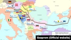 "Газпромдун" сайтына жайгаштырылган "Түштүк агымынын" картасы.