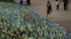Thousands of Ukrainian flags to honor soldiers killed fighting Russian troops are seen in a garden in Kyiv's Independence Square on August 28.