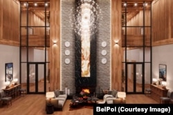 Вид на фойе площадью 150 м² с семиметровыми потолками на первом этаже основного коттеджа. Иллюстрация из дизайн-проекта «Концептуальное решение интерьеров комплекса "Красная Поляна"». Источник: BelPol