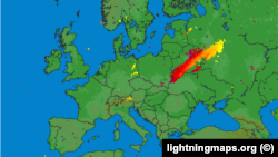 Мапа маланак над Эўропай за мінулую ноч