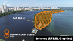 У реєстрі прав на нерухомість компанія Бойка «Українське бюро річкових портів» – власник майнових прав на дамбу площею 142 тисячі 980 квадратних метрів, яка розташована на Оболонському острові. Це – вся площа острова