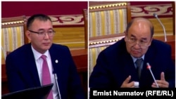 Улуттук банктын мурдагы төрагасы Толкунбек Абдыгулов менен жаңы төрагасы Кубанычбек Бөкөнтаев. Жогорку Кеңиштин жалпы сессиясында тартылган видеодон алынган скриншот. 29-сентябрь, 2021-жыл. 