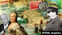 Колаж. На тлі мапи Криму та історичних документів: Микита Хрущов, Катерина II та Йосип Сталін