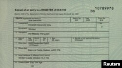 Մեծ Բրիտանիայի թագուհի Եղիսաբեթ երկրորդի մահվան վկայականը