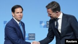 Дзяржаўны сакратар ЗША Марка Рубіё і генэральны сакратар NATO Марк Рутэ. Брусэль, 3 красавіка 2025 году