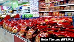 Serbian products on display in a market in Pristina 