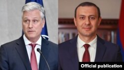 Новоназначенный советник президента США по нацбезопасности Роберт О'Брайен (слева) и секретарь Совета безопасности Армении Армен Григорян