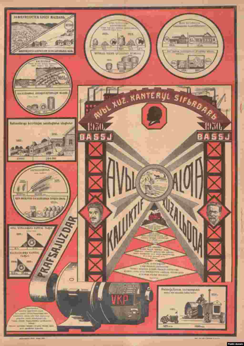 Плакат на татарском языке о сельскохозяйственном прогрессе с цитатами Владимира Ленина, Иосифа Сталина и Михаила Калинина.