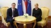 Croatian President Kolinda Grabar-Kitarovic (right) and Serbian President Aleksandar Vucic in Zagreb on February 12