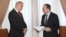 Armenia - New Russian Ambassador Sergey Kopirkin (L) hands copies of his credentials to Armenia's Foreign Minister Zohrab Mnatsakanian, Yerevan,4June 2018.
