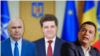 Președintele României, Nicușor Dan (centru), Președintele interimar al PSD Sorin Grindeanu (dreapta), președintele interimar al PNL Ilie Bolojan (stânga) - colaj