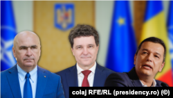 Președintele României, Nicușor Dan (centru), Președintele interimar al PSD Sorin Grindeanu (dreapta), președintele interimar al PNL Ilie Bolojan (stânga) - colaj