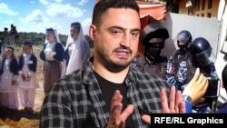 Колаж. Сулейман Мамутов. Ліворуч – караїми в національному вбранні, праворуч – представники ФСБ Росії