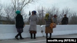 Работники бюджетных организаций в Каттакурганском районе Самаркандской области занимаются побелкой бетонных барьеров на магистральной дороге. Фото Радио Озодлик.