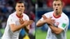 RUSSIA -- A combo of two pictures shows the celebration for the first goal of Switzerland's midfielder Granit Xhaka, (L), and the victory goal of Switzerland's midfielder Xherdan Shaqiri, (R), both making the eagle emblem of the Kosovo during the FIFA Wor
