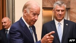 Kosovar President Hashim Thaci (right) with U.S. Vice President Joe Biden in Pristina in August 2016