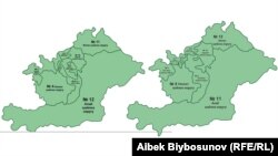 Карта избирательных округов в Ошской области до и после корректировки.