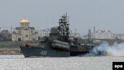Ukraine -- A Russian Navy ship arrives at the harbor of Sevastopol, Crimea, March 6, 2014