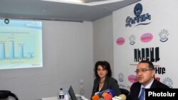 Директор по линии взаимоотношений с клиентами компании «Ереван джур» Гагик Маркарян представляет на пресс-конференции программы компании, Ереван, 1 апреля 2011 г.